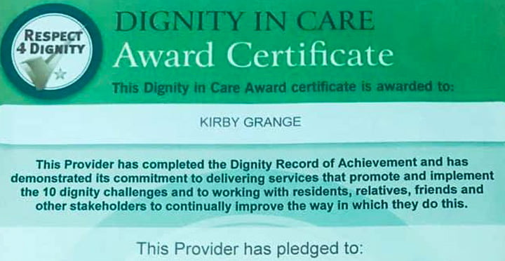 Kirby Grange Awarded Dignity In Care Certification